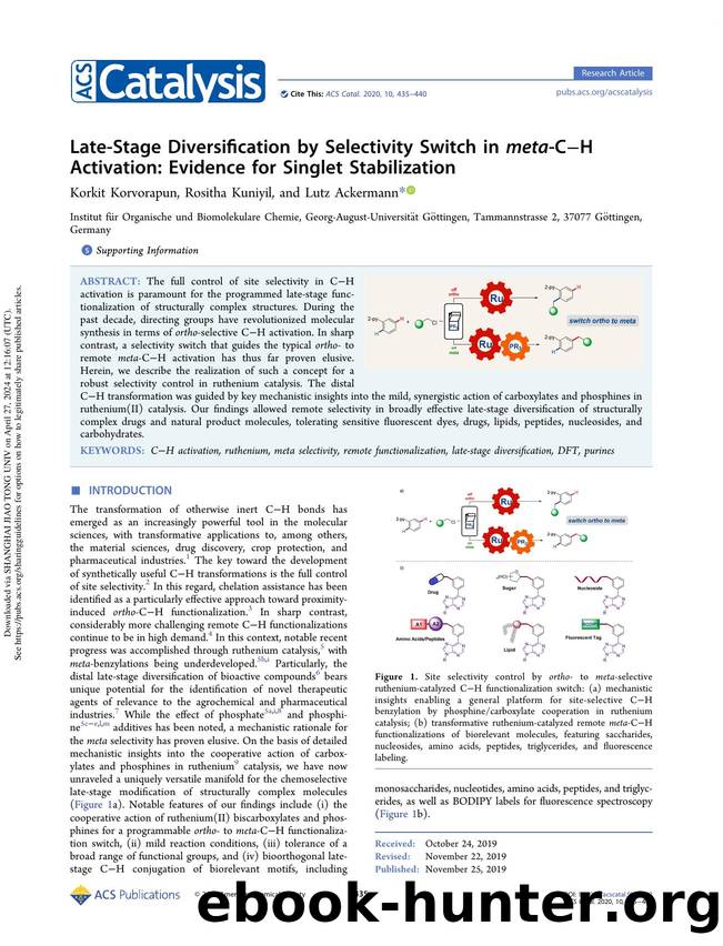 Late-Stage Diversification by Selectivity Switch in meta-CâH Activation: Evidence for Singlet Stabilization by Korkit Korvorapun Rositha Kuniyil & Lutz Ackermann