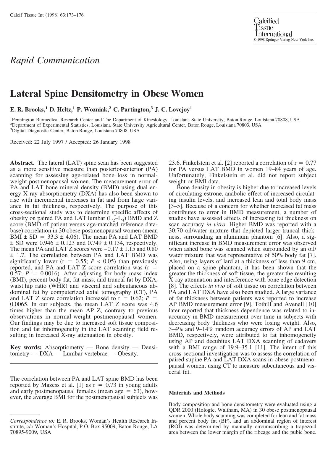 Lateral Spine Densitometry in Obese Women by Brooks E. et al