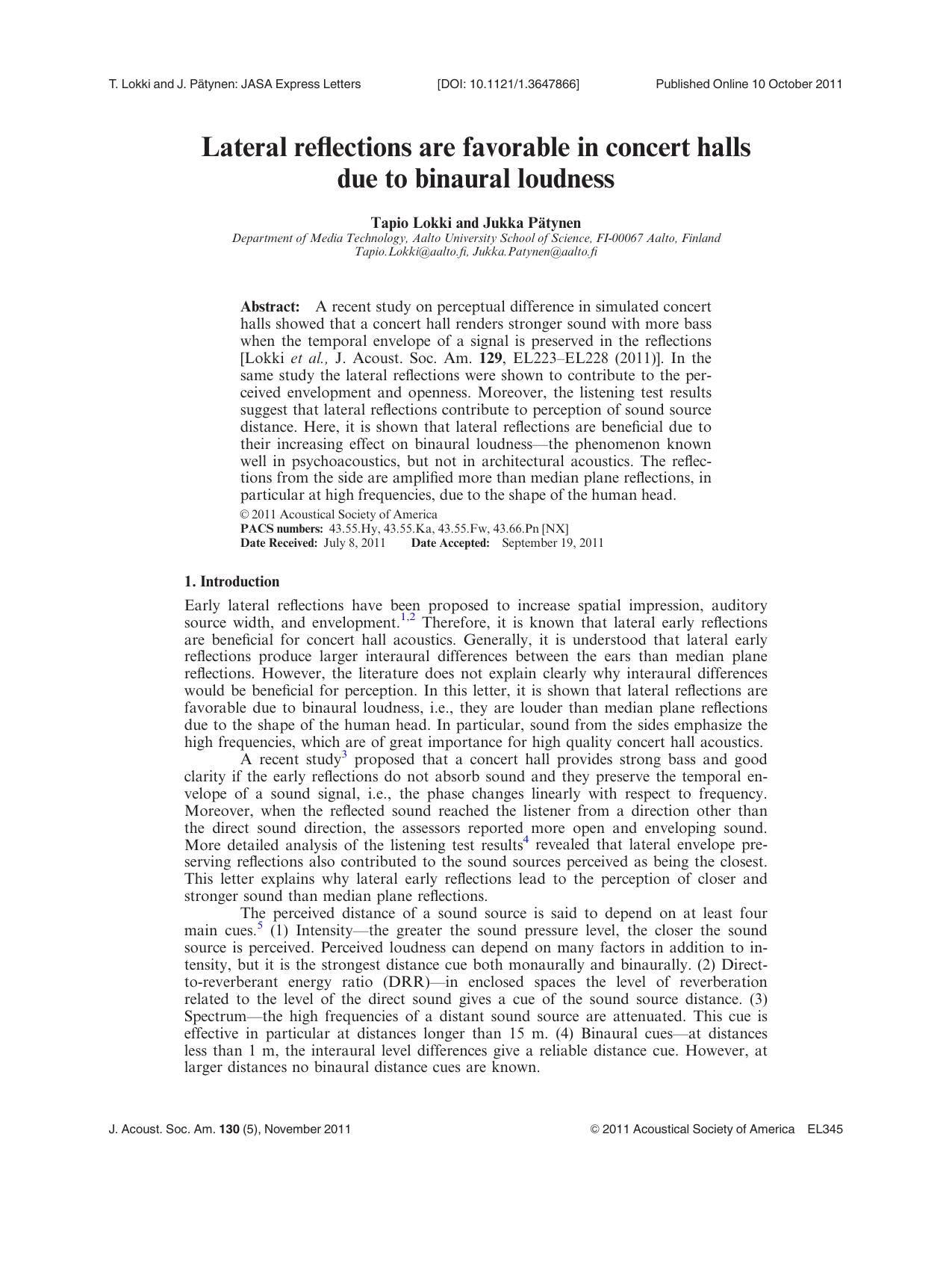 Lateral reflections are favorable in concert halls due to binaural loudness by Tapio Lokki and Jukka Pa¨tynen