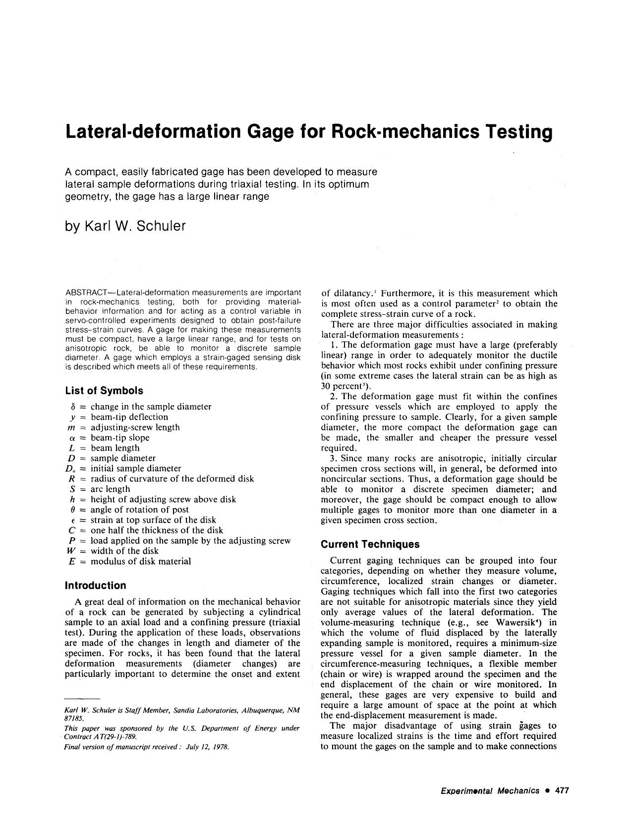 Lateral-deformation gage for rock-mechanics testing by Unknown