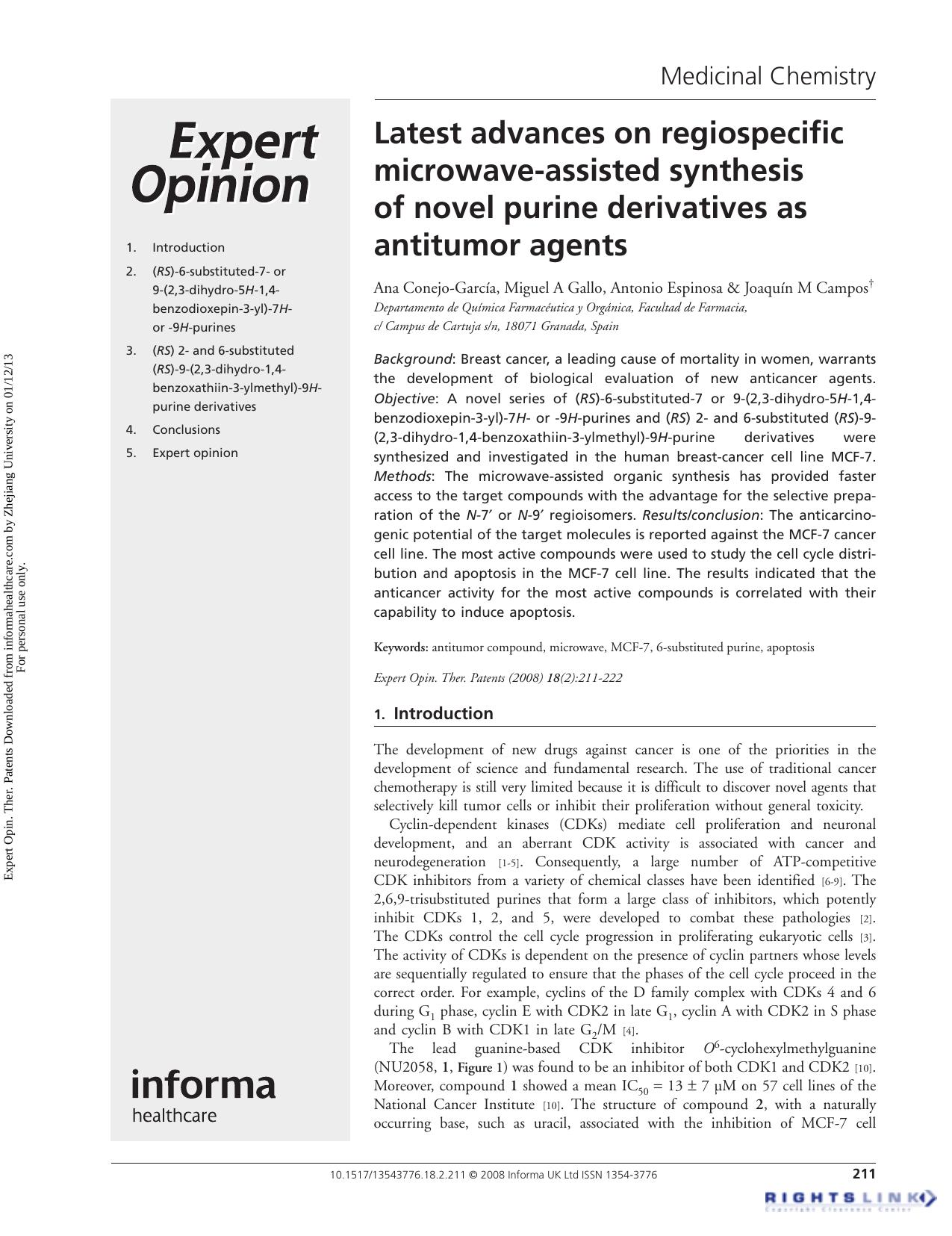 Latest advances on regiospecific microwave-assisted synthesis of novel purine derivatives as antitumor agents by Ana Conejo-García Miguel A Gallo Antonio Espinosa & Joaquín M Campos