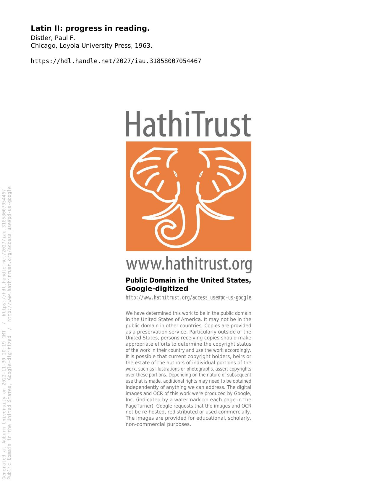 Latin II: Progress in Reading by Fr. Paul F. Distler S.J