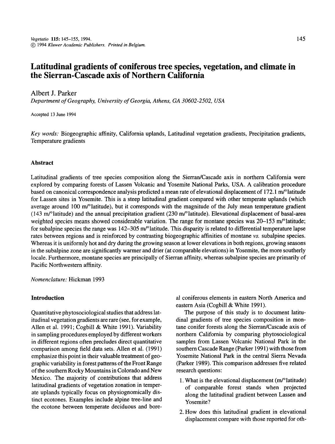 Latitudinal gradients of coniferous tree species, vegetation, and climate in the Sierran-Cascade axis of Northern California by Unknown