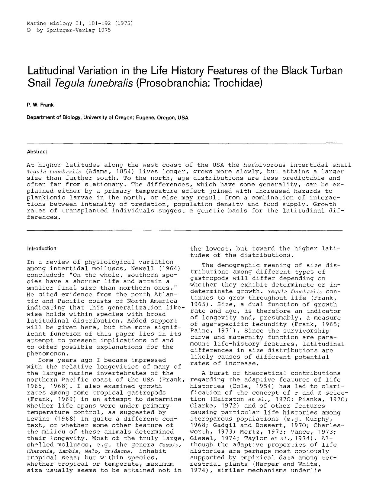 Latitudinal variation in the life history features of the black turban snail <Emphasis Type="Italic">Tegula funebralis<Emphasis> (Prosobranchia: Trochidae) by Unknown