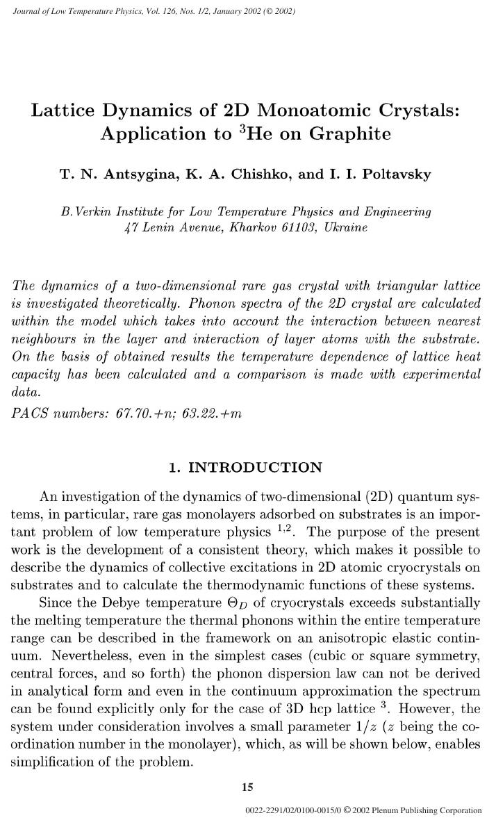 Lattice Dynamics of 2D Monoatomic Crystals: Application to 3He on Graphite by Unknown