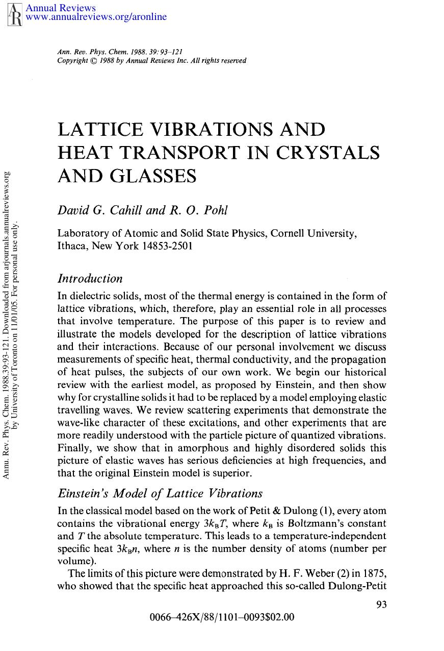 Lattice Vibrations and Heat Transport in Crystals and Glasses by D G Cahill & R O Pohl