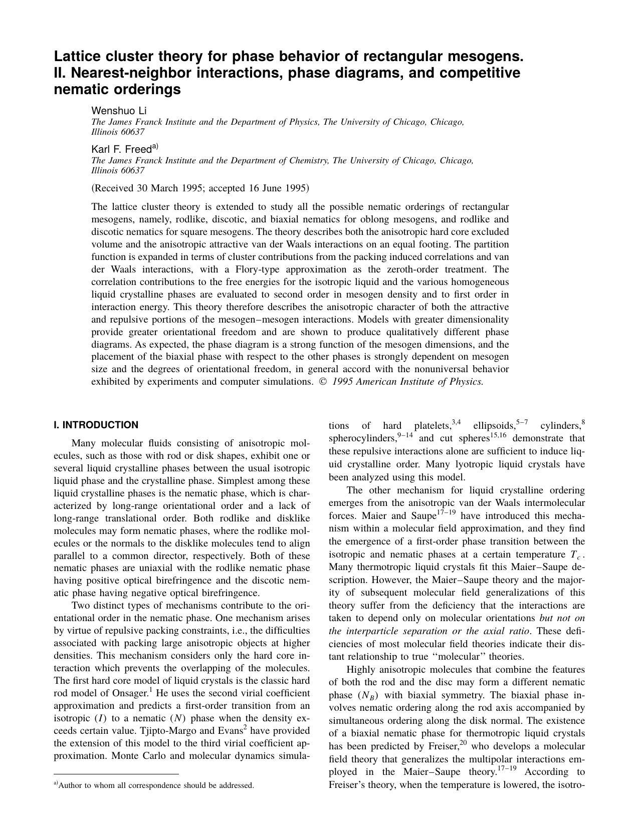 Lattice cluster theory for phase behavior of rectangular mesogens. II. Nearest-neighbor interactions, phase diagrams, and competitive nematic orderings by Wenshuo Li & Karl F. Freed