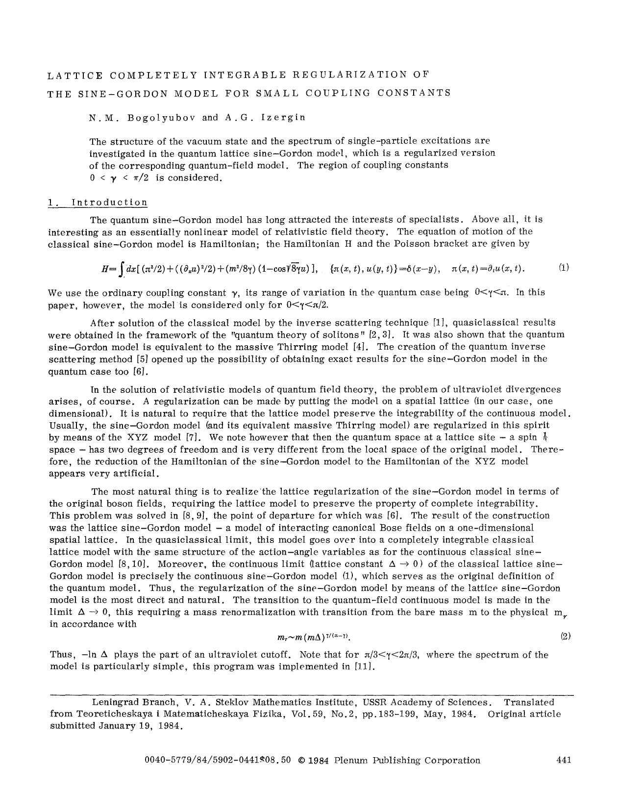 Lattice completely integrable regularization of the sine-Gordon model for small coupling constants by Unknown