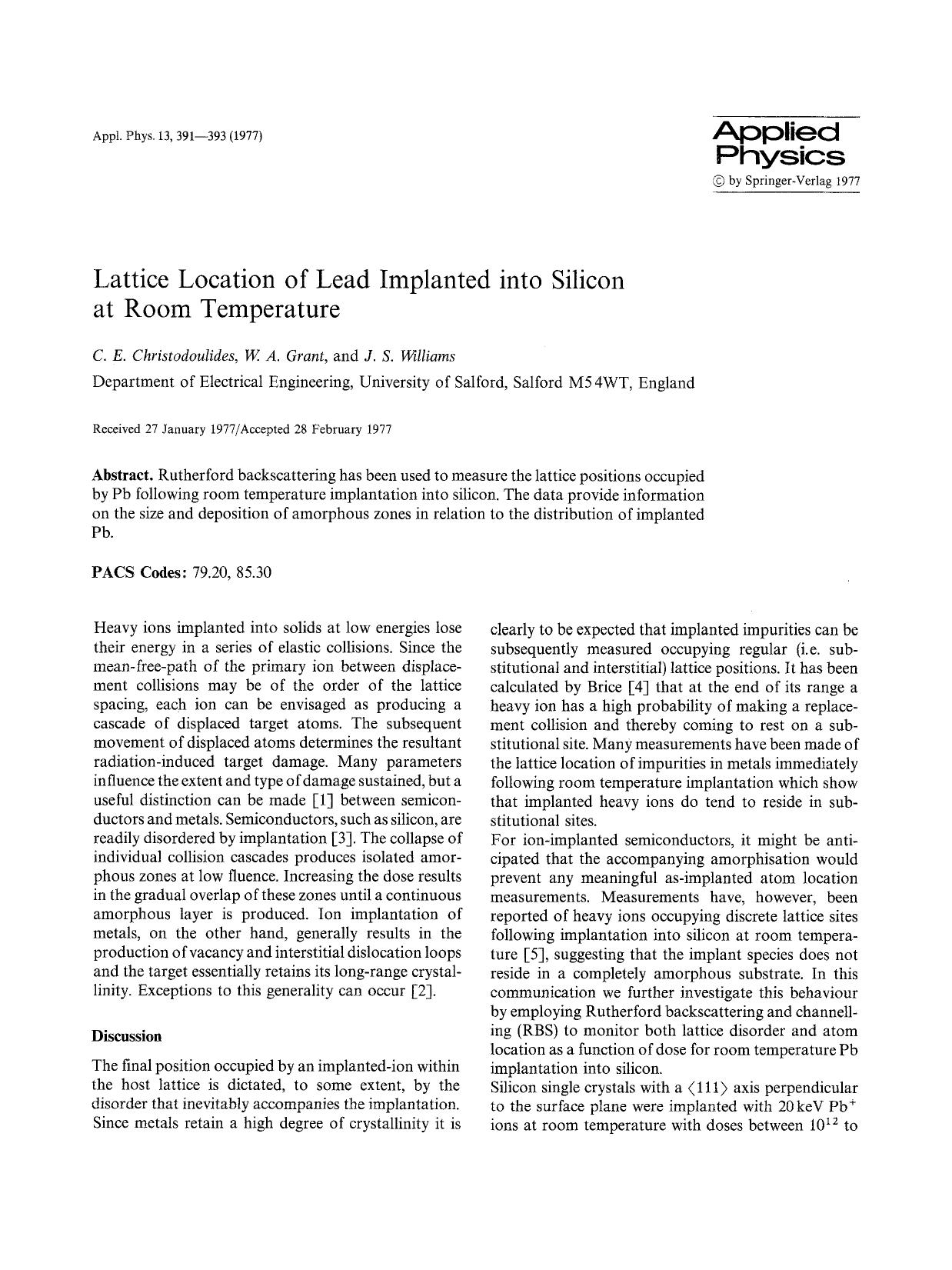 Lattice location of lead implanted into silicon at room temperature by Unknown