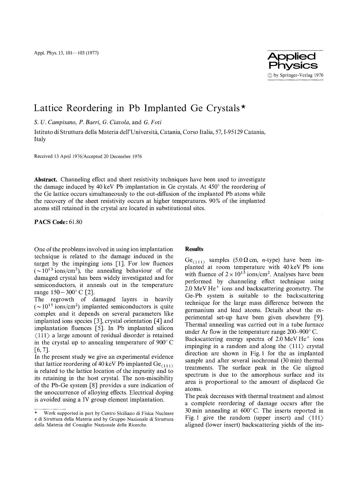Lattice reordering in Pb implanted Ge crystals by Unknown