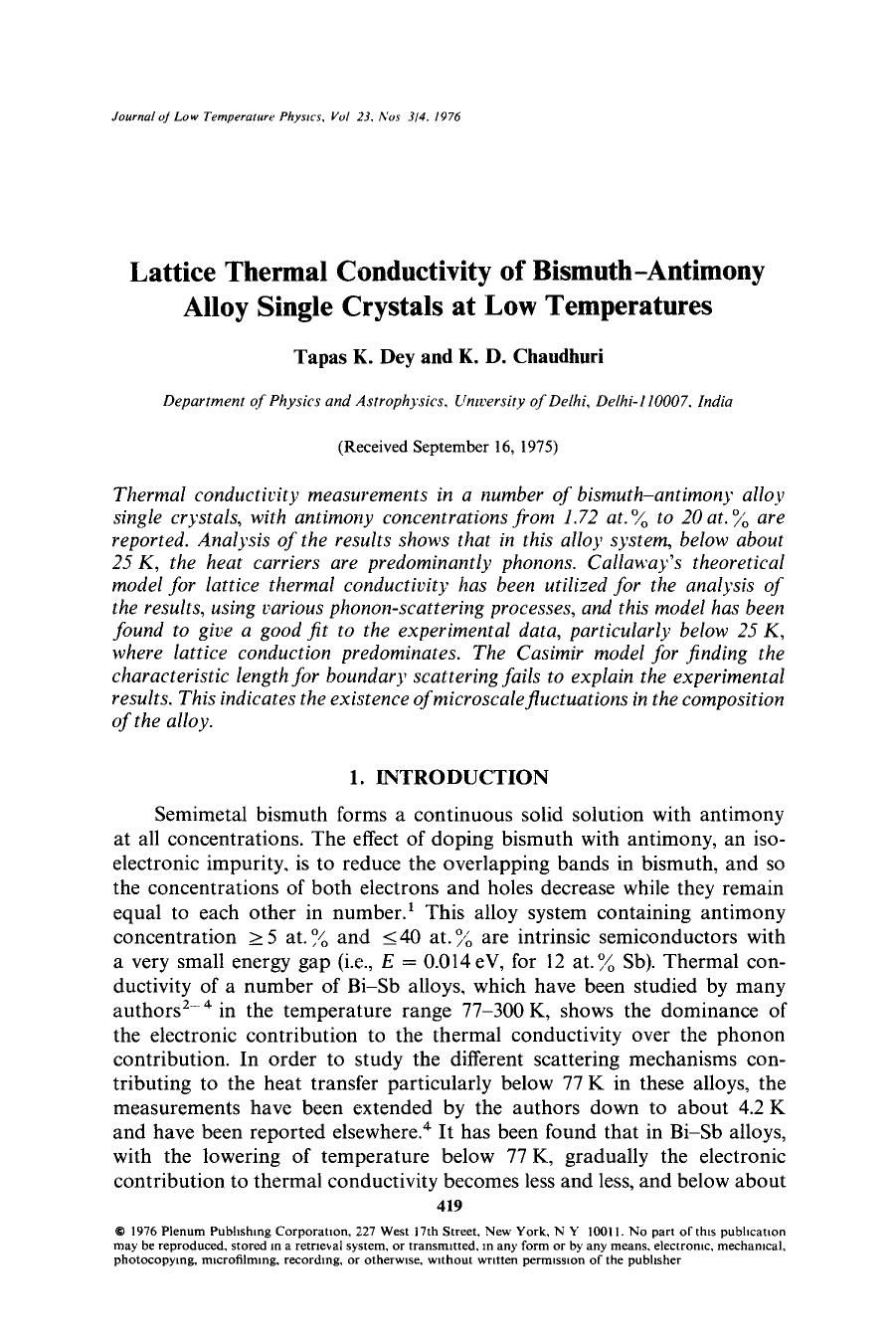 Lattice thermal conductivity of bismuth-antimony alloy single crystals at low temperatures by Unknown