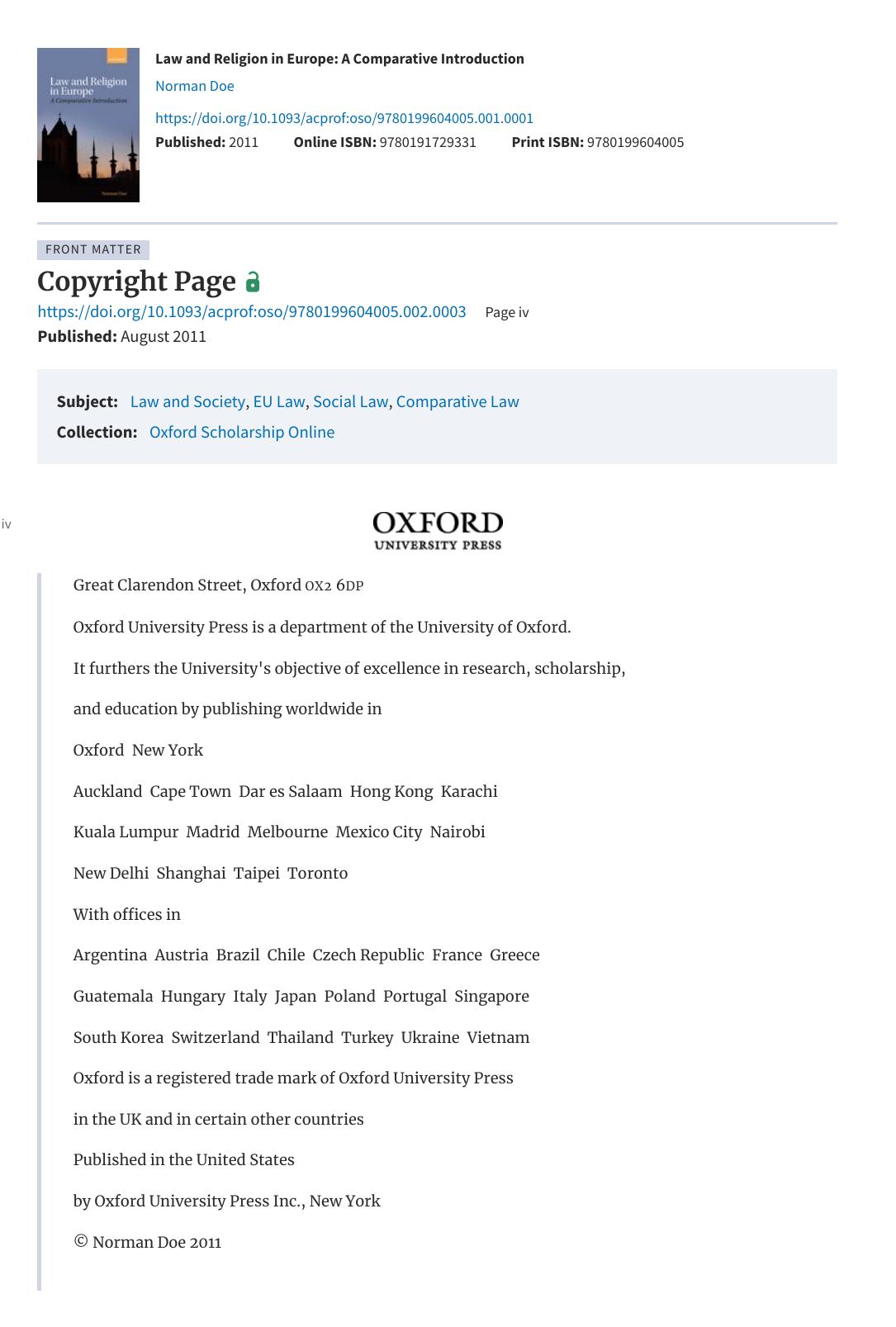 Law And Religion In Europe: A Comparative Introduction by Norman Doe