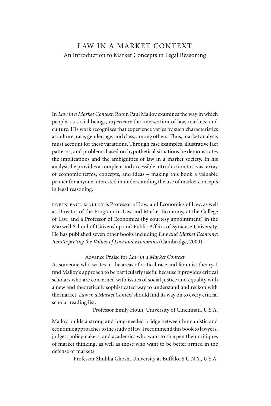 Law in a Market Context: An Introduction to Market Concepts in Legal Reasoning by Robin Paul Malloy
