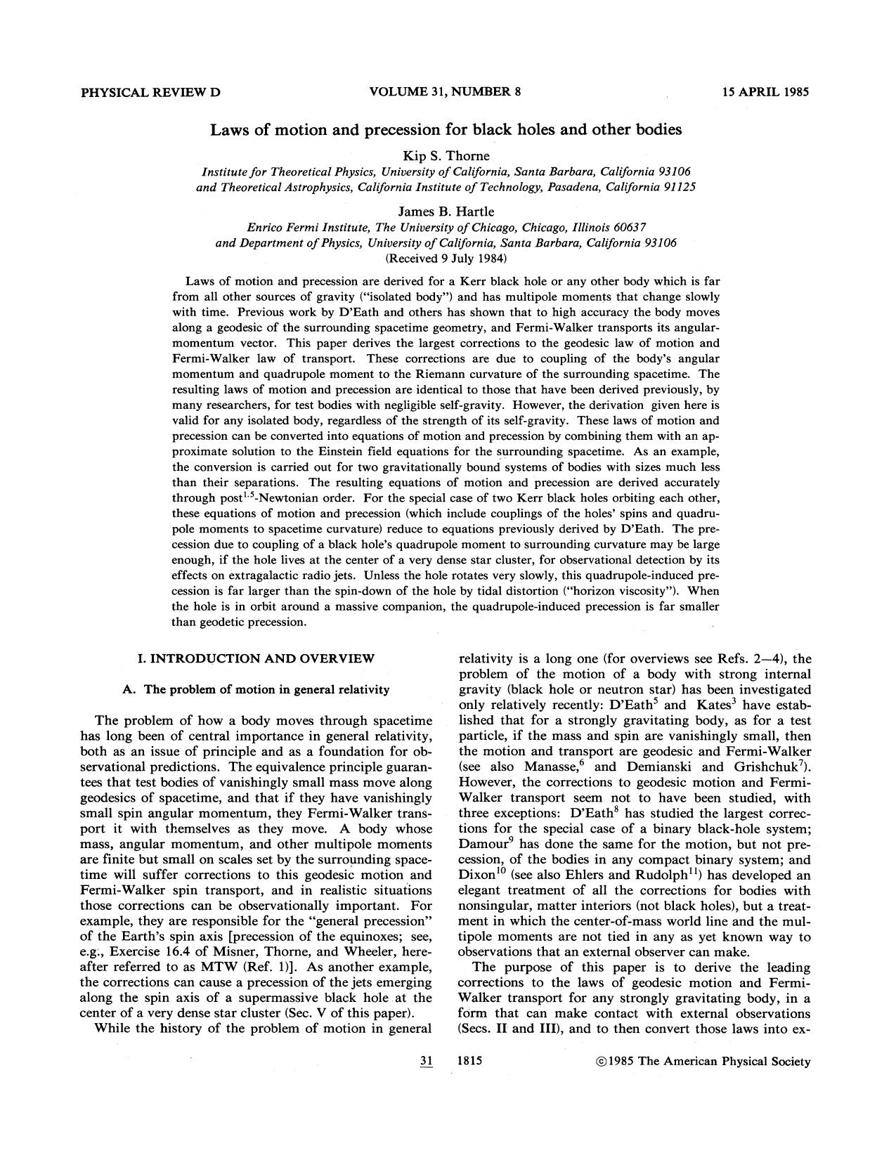 Laws of motion and precession for black holes and other bodies by Kip S. Thorne & James B. Hartle