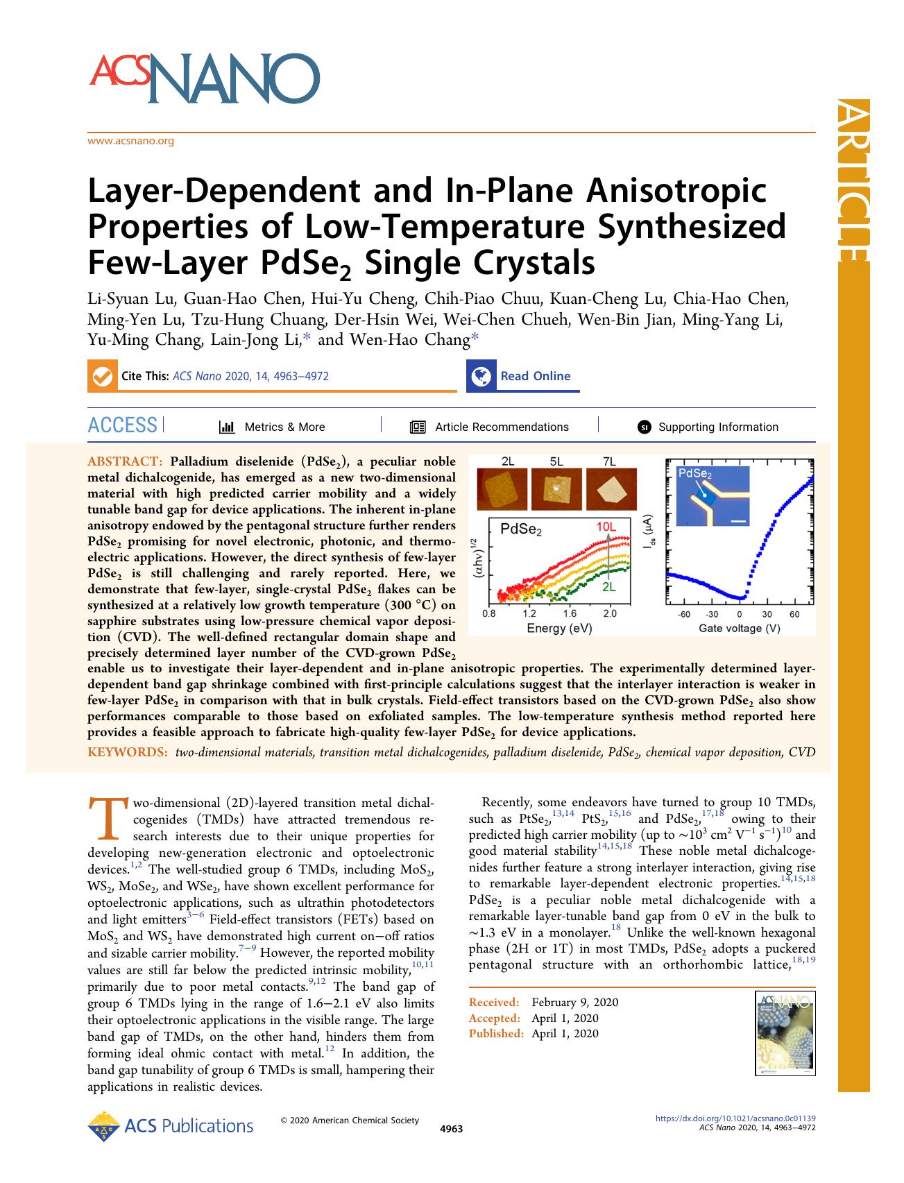 Layer-Dependent and In-Plane Anisotropic Properties of Low-Temperature Synthesized Few-Layer PdSe2 Single Crystals by unknow
