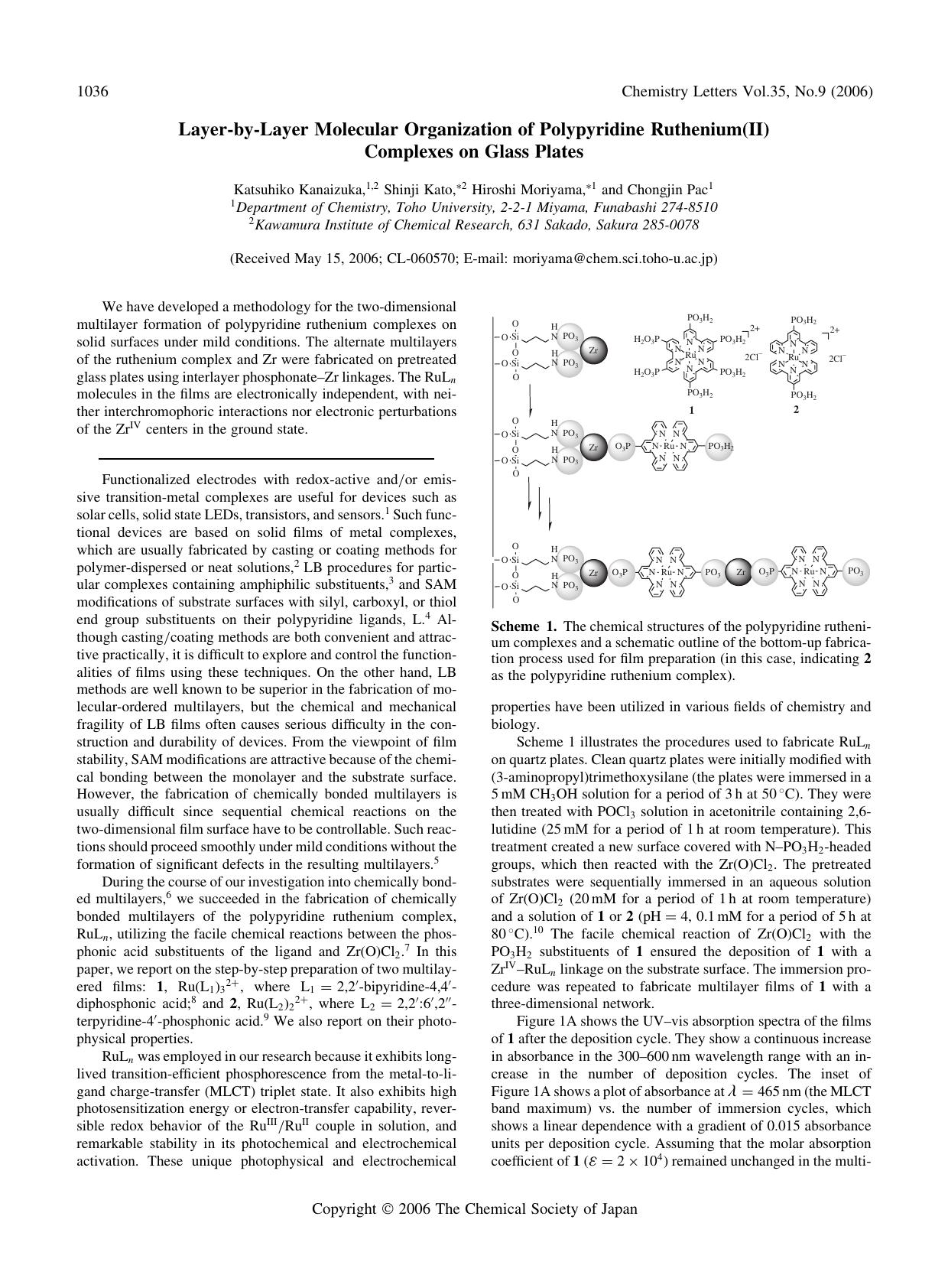 Layer-by-Layer Molecular Organization of Polypyridine Ruthenium(II) Complexes on Glass Plates by Katsuhiko Kanaizuka Shinji Kato Hiroshi Moriyama and Chongjin Pac