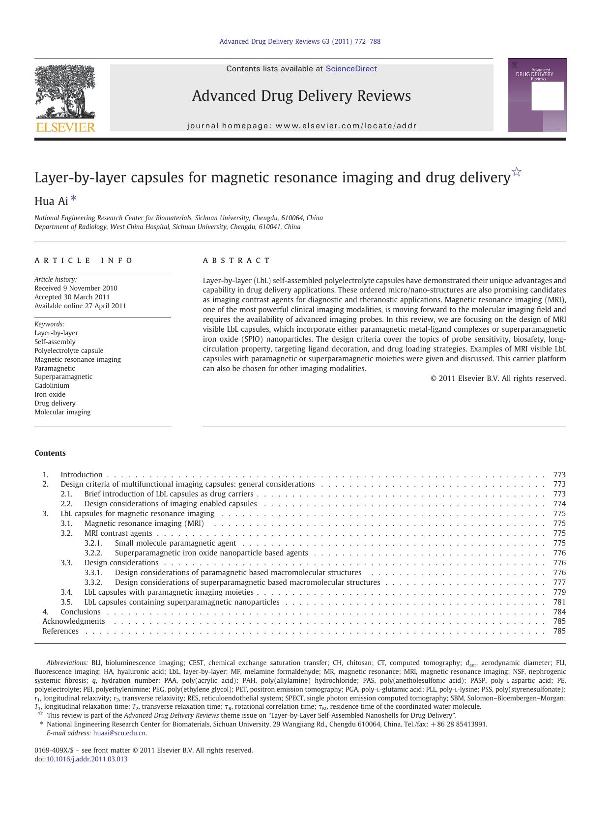 Layer-by-layer capsules for magnetic resonance imaging and drug delivery by Hua Ai