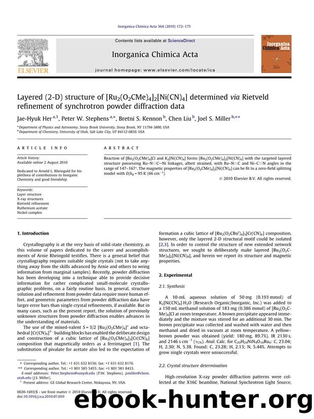 Layered (2-D) structure of [Ru2(O2CMe)4]2[Ni(CN)4] determined via Rietveld refinement of synchrotron powder diffraction data by Jae-Hyuk Her & Peter W. Stephens & Bretni S. Kennon & Chen Liu & Joel S. Miller