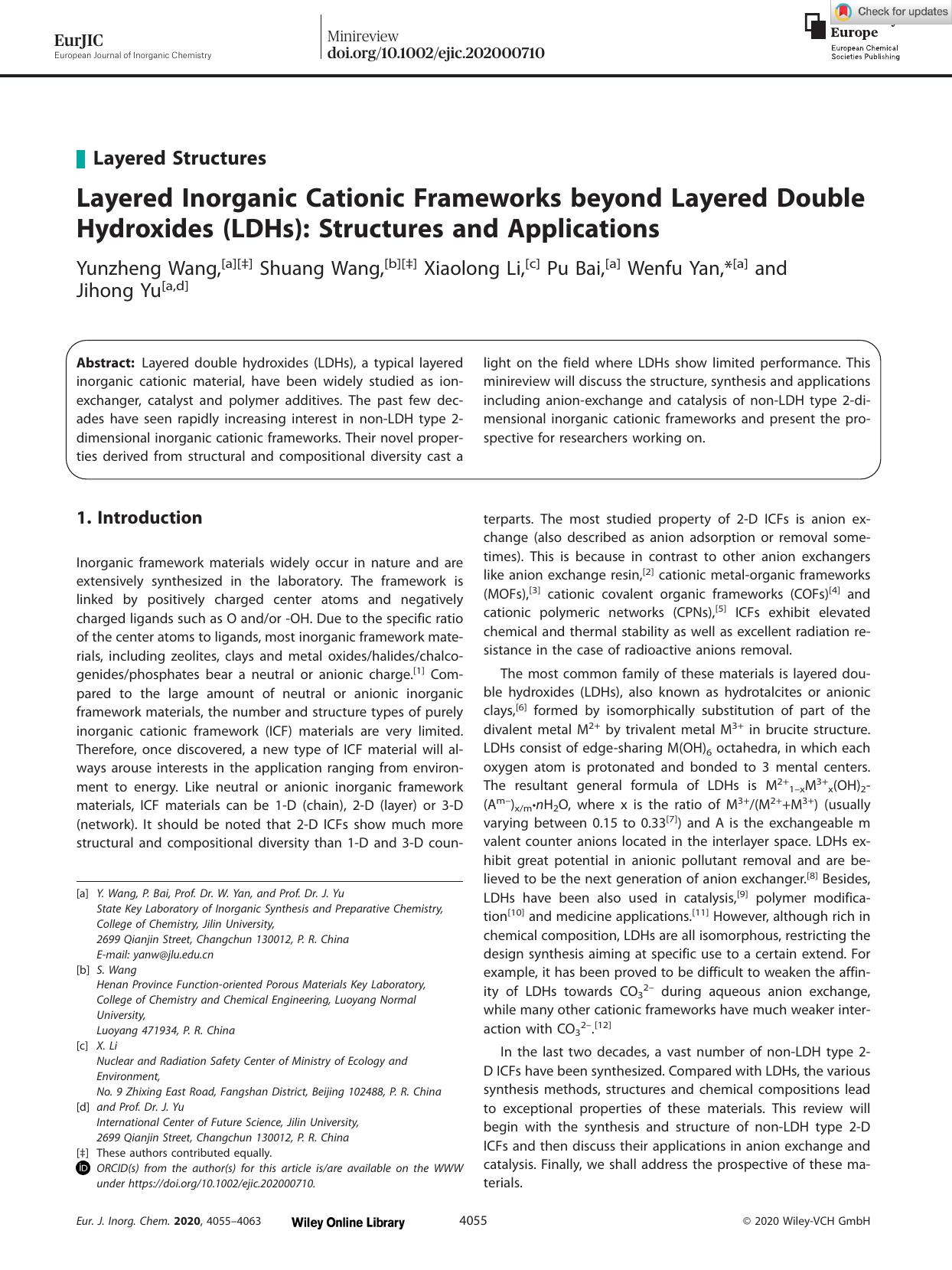 Layered Inorganic Cationic Frameworks beyond Layered Double Hydroxides (LDHs): Structures and Applications by Unknown