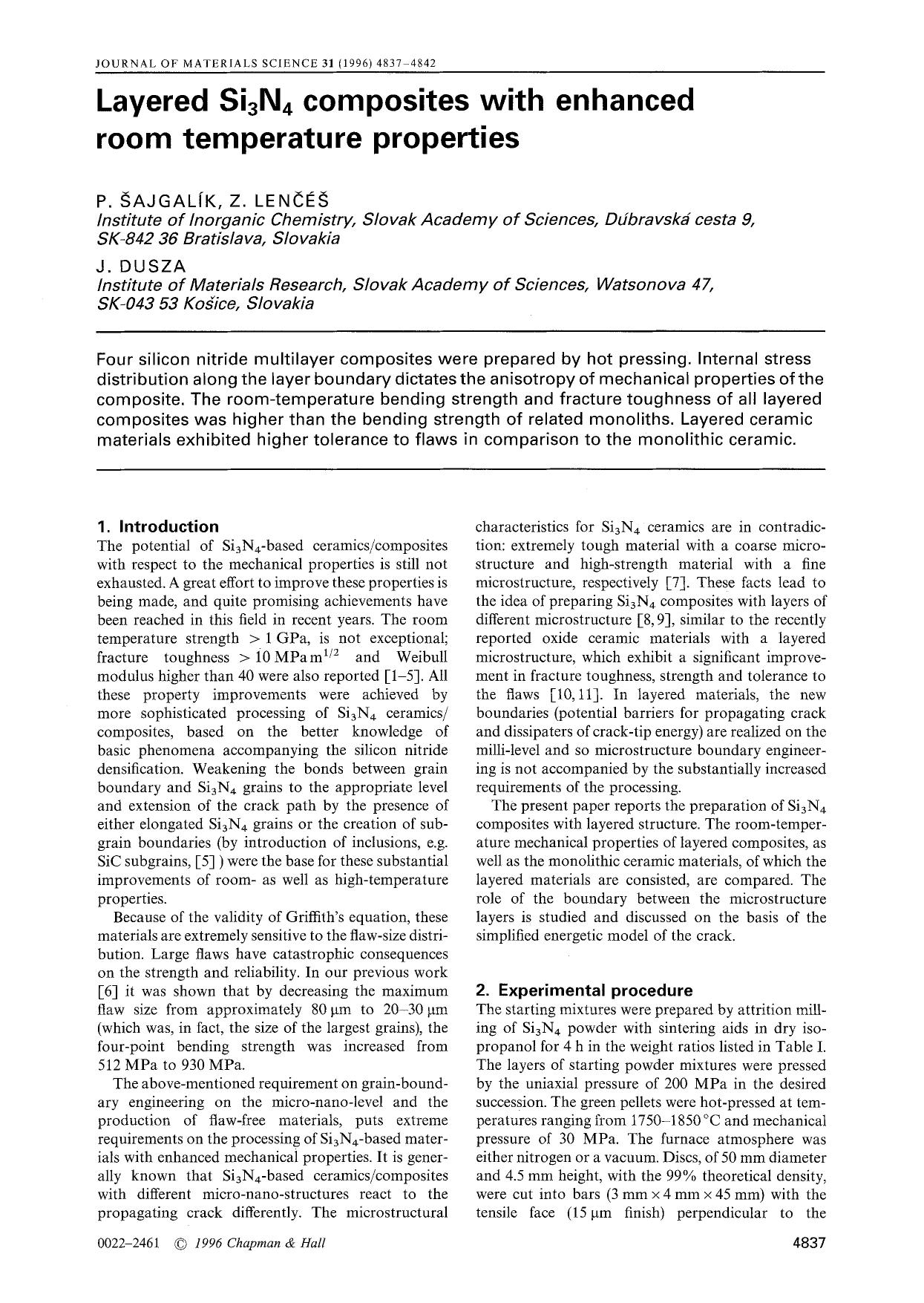 Layered Si<Subscript>3<Subscript>N<Subscript>4<Subscript> composites with enhanced room temperature properties by Unknown