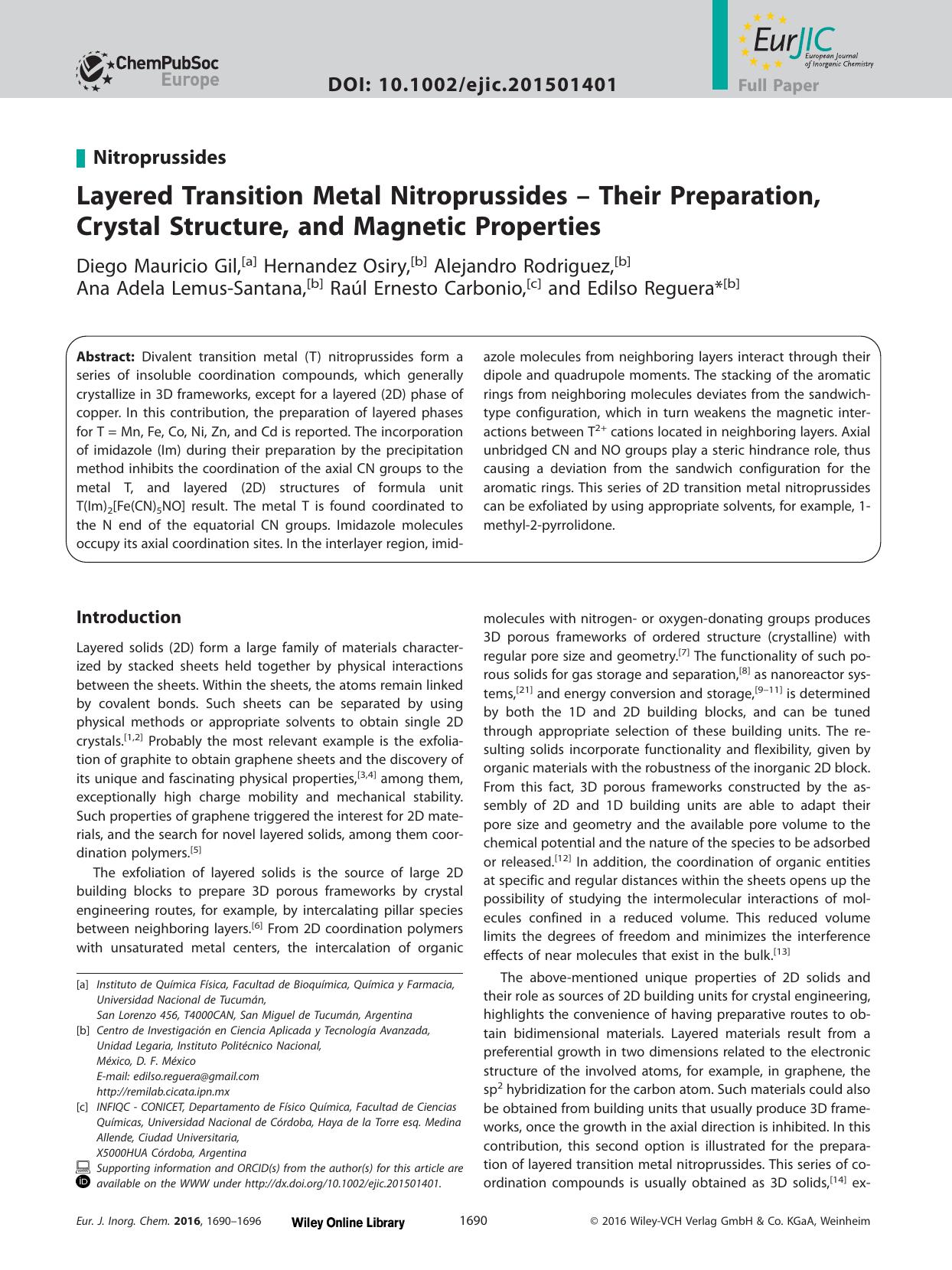 Layered Transition Metal Nitroprussides Their Preparation, Crystal Structure, and Magnetic Properties by Unknown