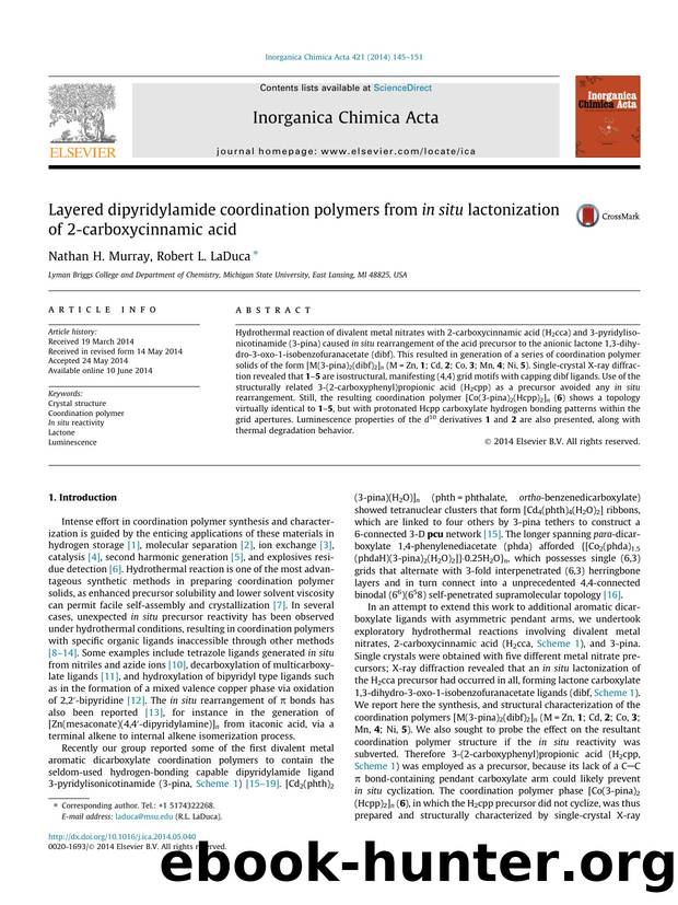 Layered dipyridylamide coordination polymers from in situ lactonization of 2-carboxycinnamic acid by Nathan H. Murray & Robert L. LaDuca