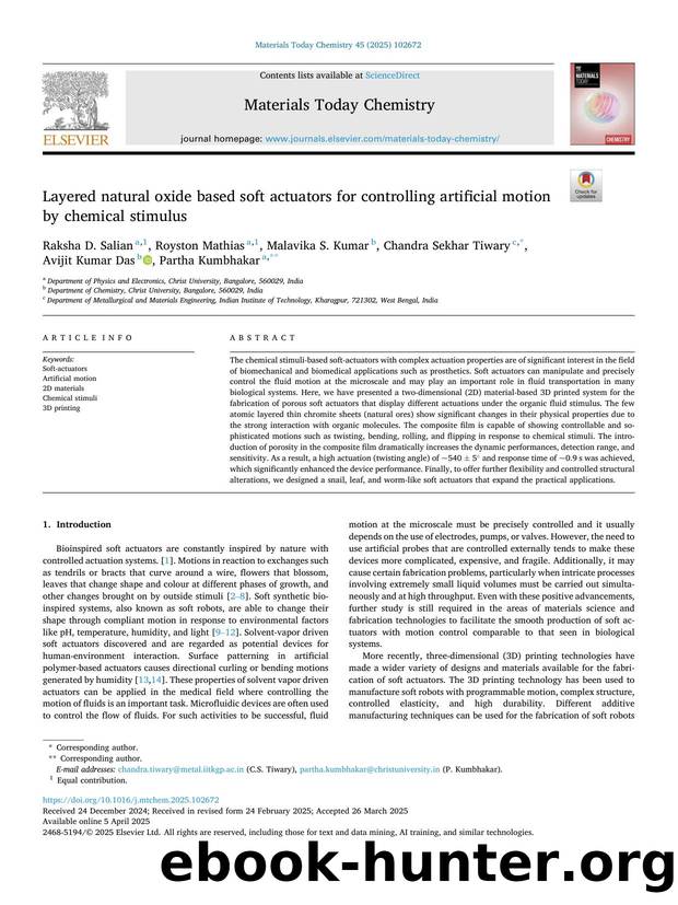 Layered natural oxide based soft actuators for controlling artificial motion by chemical stimulus by Raksha D. Salian