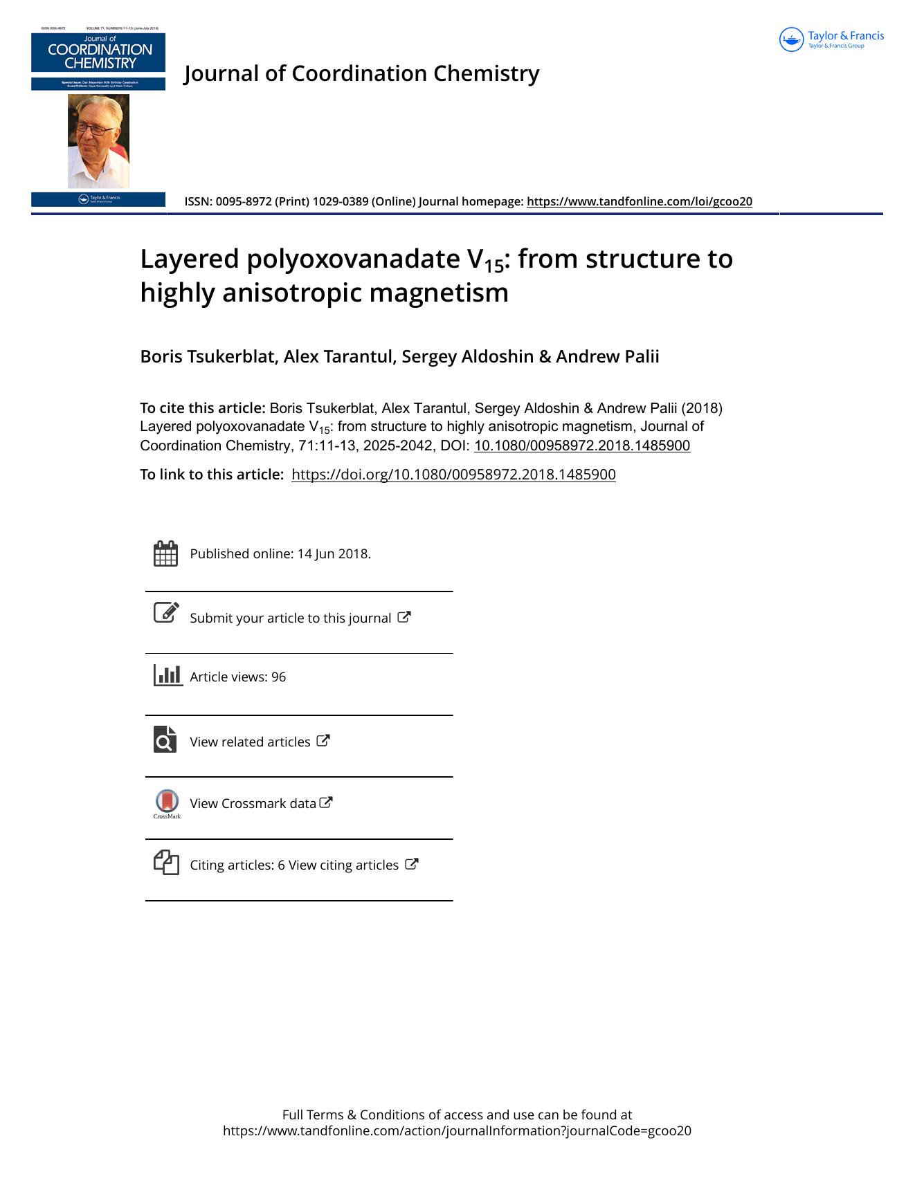 Layered polyoxovanadate V15: from structure to highly anisotropic magnetism by Boris Tsukerblat & Alex Tarantul & Sergey Aldoshin & Andrew Palii