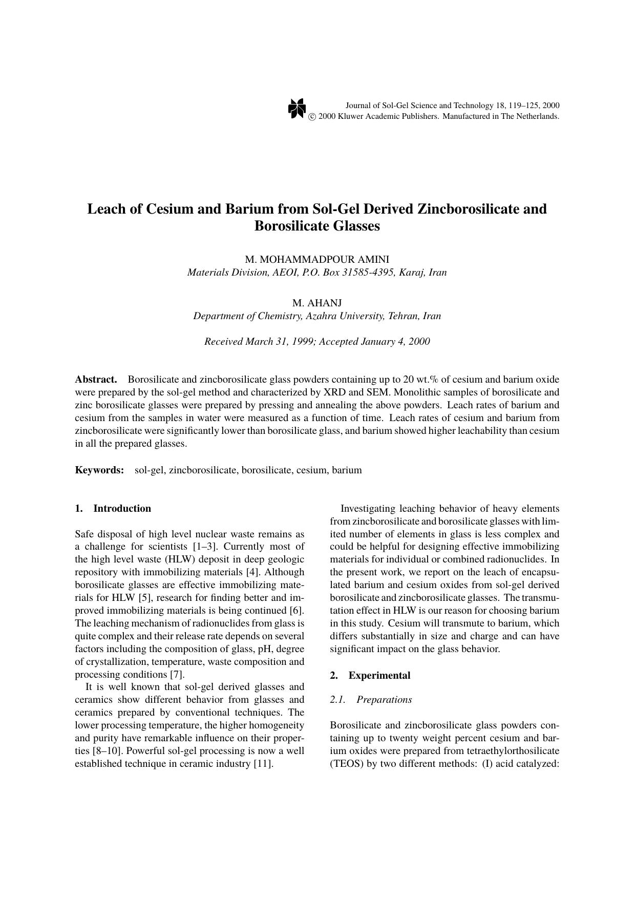 Leach of Cesium and Barium from Sol-Gel Derived Zincborosilicate and Borosilicate Glasses by Unknown