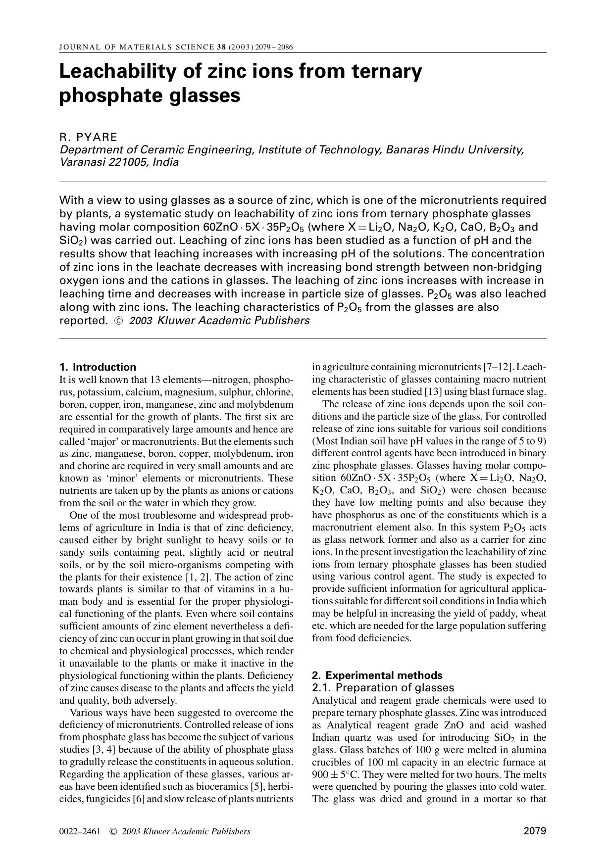 Leachability of zinc ions from ternary phosphate glasses by Unknown