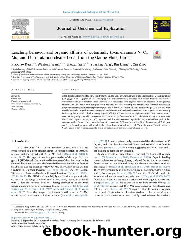 Leaching behavior and organic affinity of potentially toxic elements V, Cr, Mo, and U in flotation-cleaned coal from the Ganhe Mine, China by Piaopiao Duan & Wenfeng Wang & Shuxun Sang & Yuegang Tang & Bin Liang & Xin Zhao