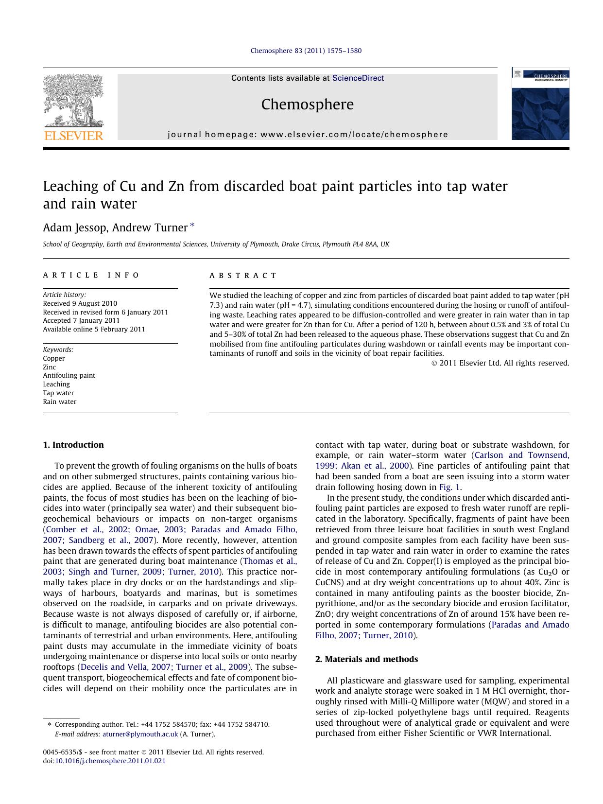 Leaching of Cu and Zn from discarded boat paint particles into tap water and rain water by Adam Jessop & Andrew Turner