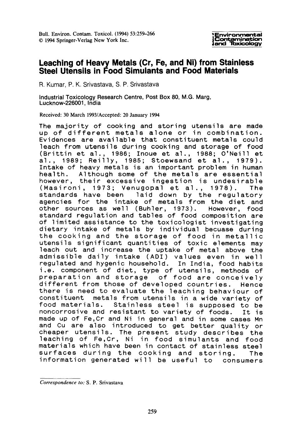 Leaching of heavy metals (Cr, Fe, and Ni) from stainless steel utensils in food simulants and food materials by Unknown