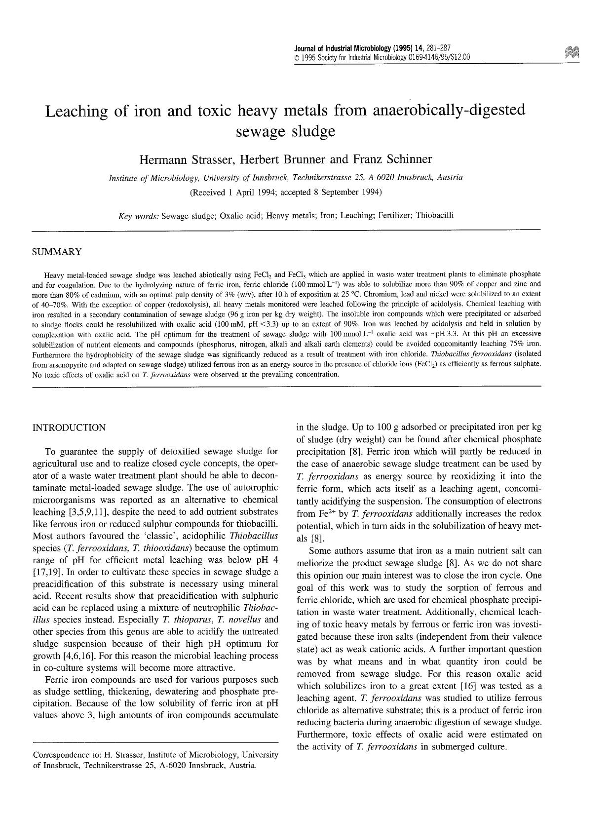 Leaching of iron and toxic heavy metals from anaerobically-digested sewage sludge by Unknown