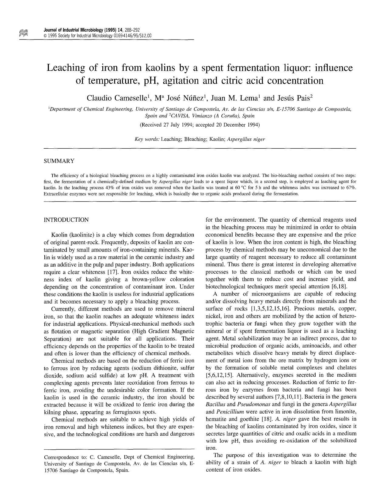 Leaching of iron from kaolins by a spent fermentation liquor: Influence of temperature, pH, agitation and citric acid concentration by Unknown