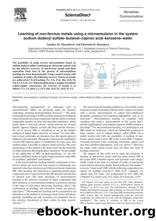 Leaching of non-ferrous metals using a microemulsion in the system sodium dodecyl sulfateâbutanolâcaproic acidâkeroseneâwater by Nataliya M. Murashova & Ekaterina K. Sharapova