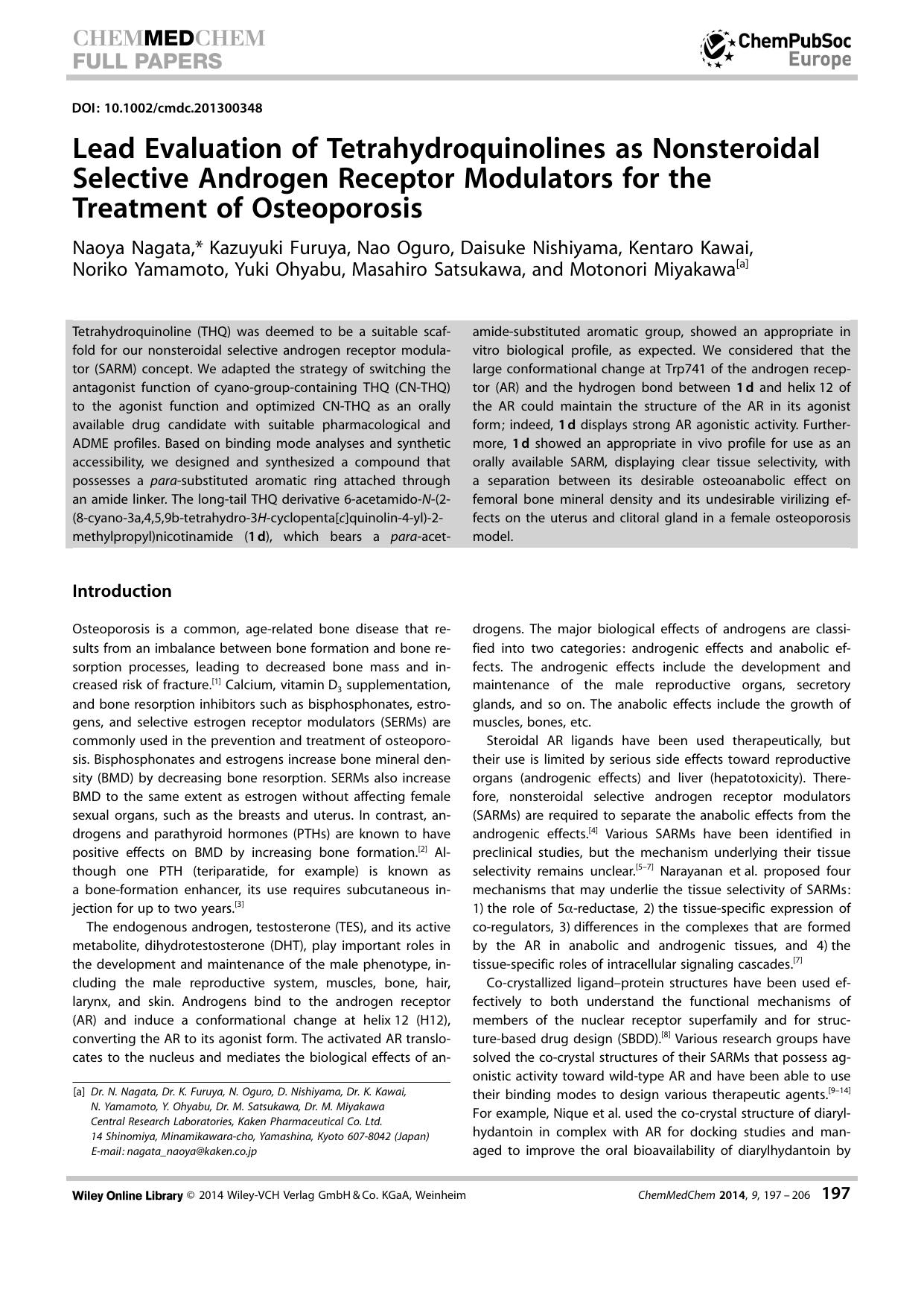 Lead Evaluation of Tetrahydroquinolines as Nonsteroidal Selective Androgen Receptor Modulators for the Treatment of Osteoporosis by Unknown