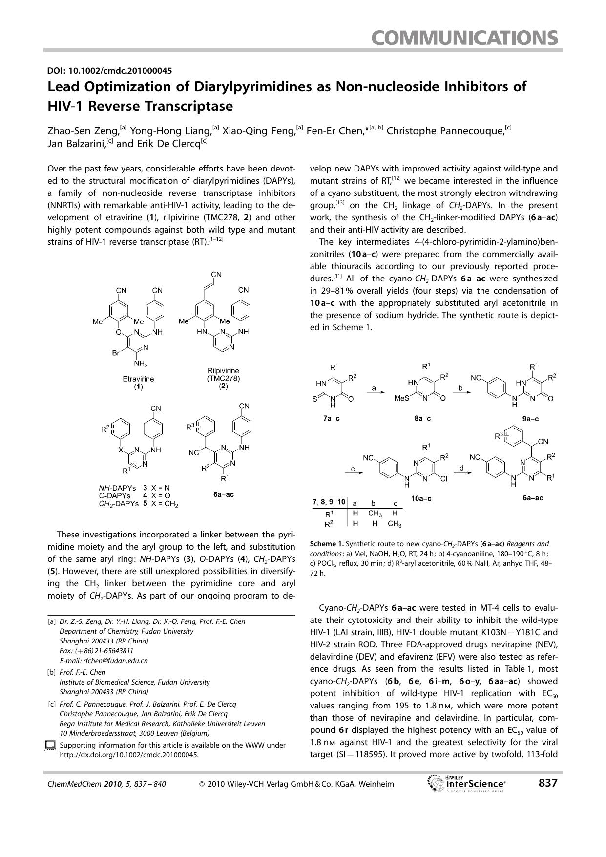 Lead Optimization of Diarylpyrimidines as Non?nucleoside Inhibitors of HIV?1 Reverse Transcriptase by Unknown