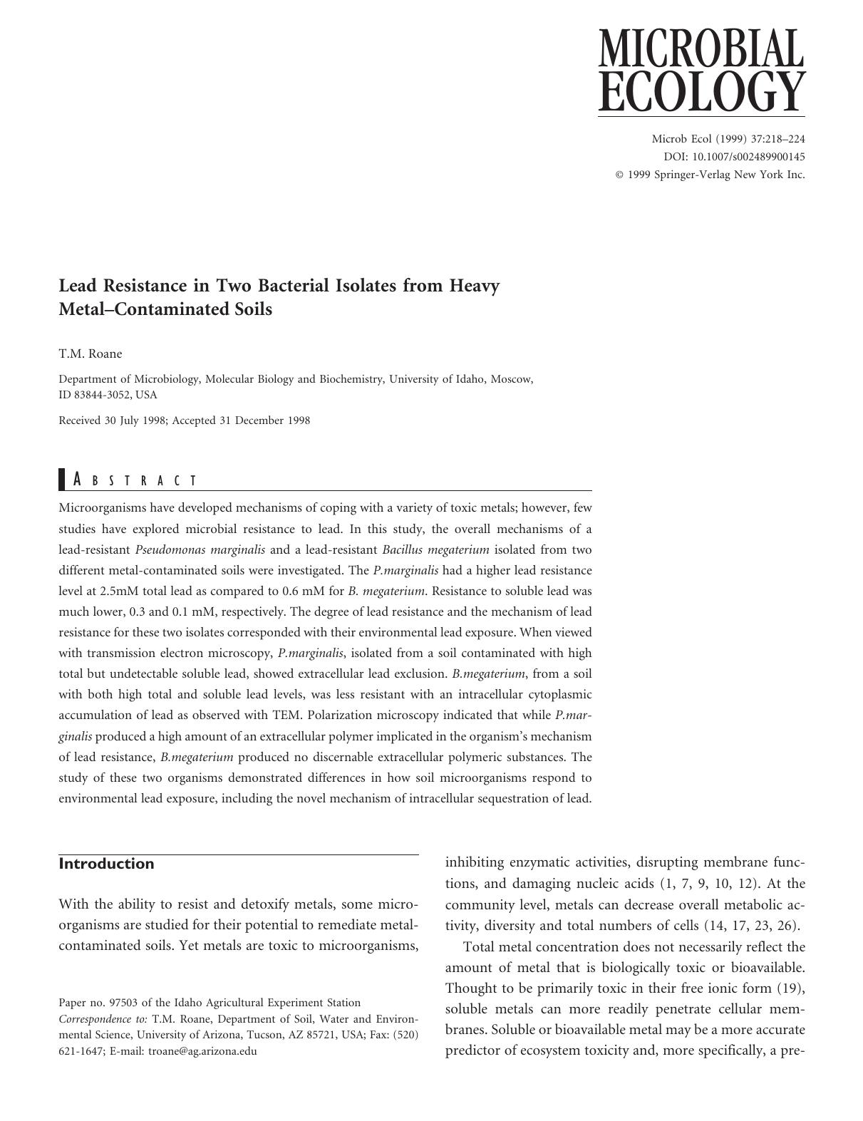 Lead Resistance in Two Bacterial Isolates from Heavy Metal--Contaminated Soils by Roane T.M