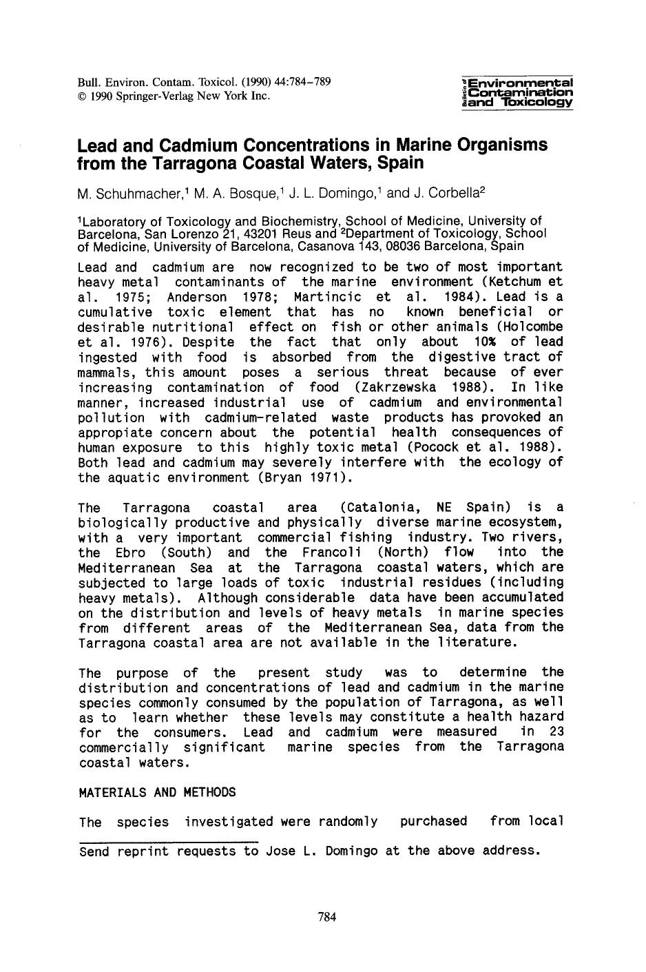 Lead and cadmium concentrations in marine organisms from the tarragona coastal waters, Spain by Unknown