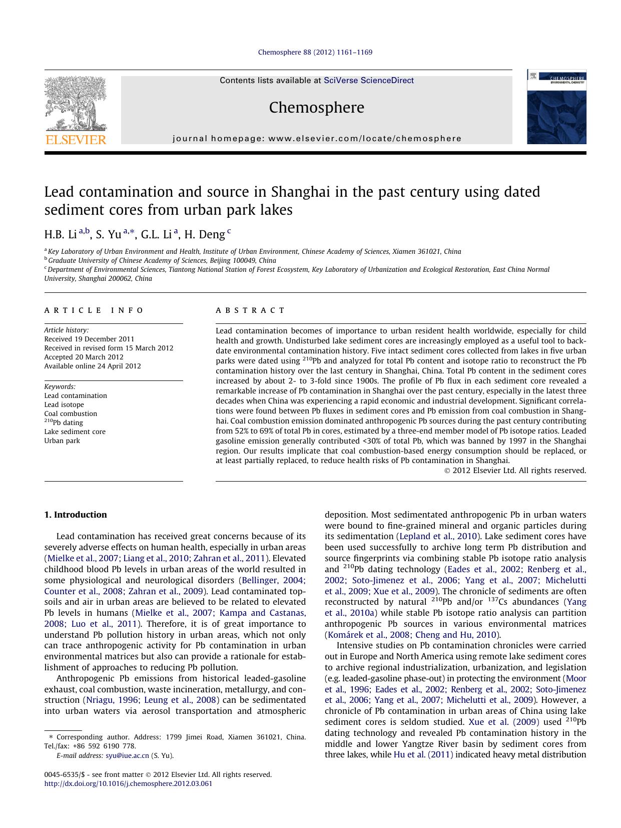 Lead contamination and source in Shanghai in the past century using dated sediment cores from urban park lakes by H.B. Li & S. Yu & G.L. Li & H. Deng
