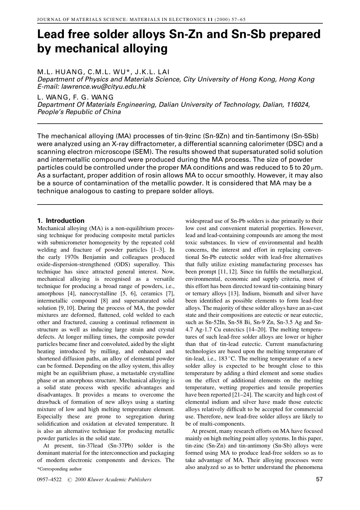 Lead free solder alloys Sn-Zn and Sn-Sb prepared by mechanical alloying by Unknown