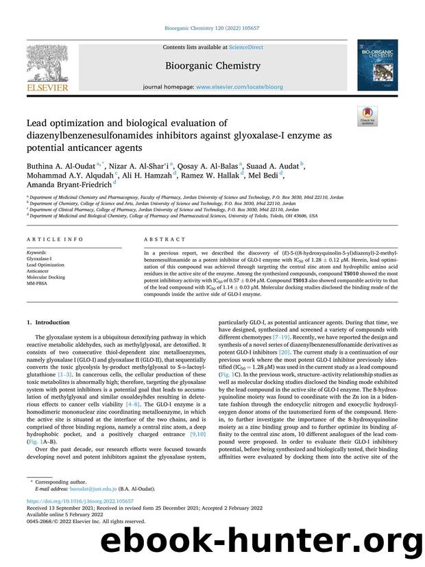 Lead optimization and biological evaluation of diazenylbenzenesulfonamides inhibitors against glyoxalase-I enzyme as potential anticancer agents by unknow