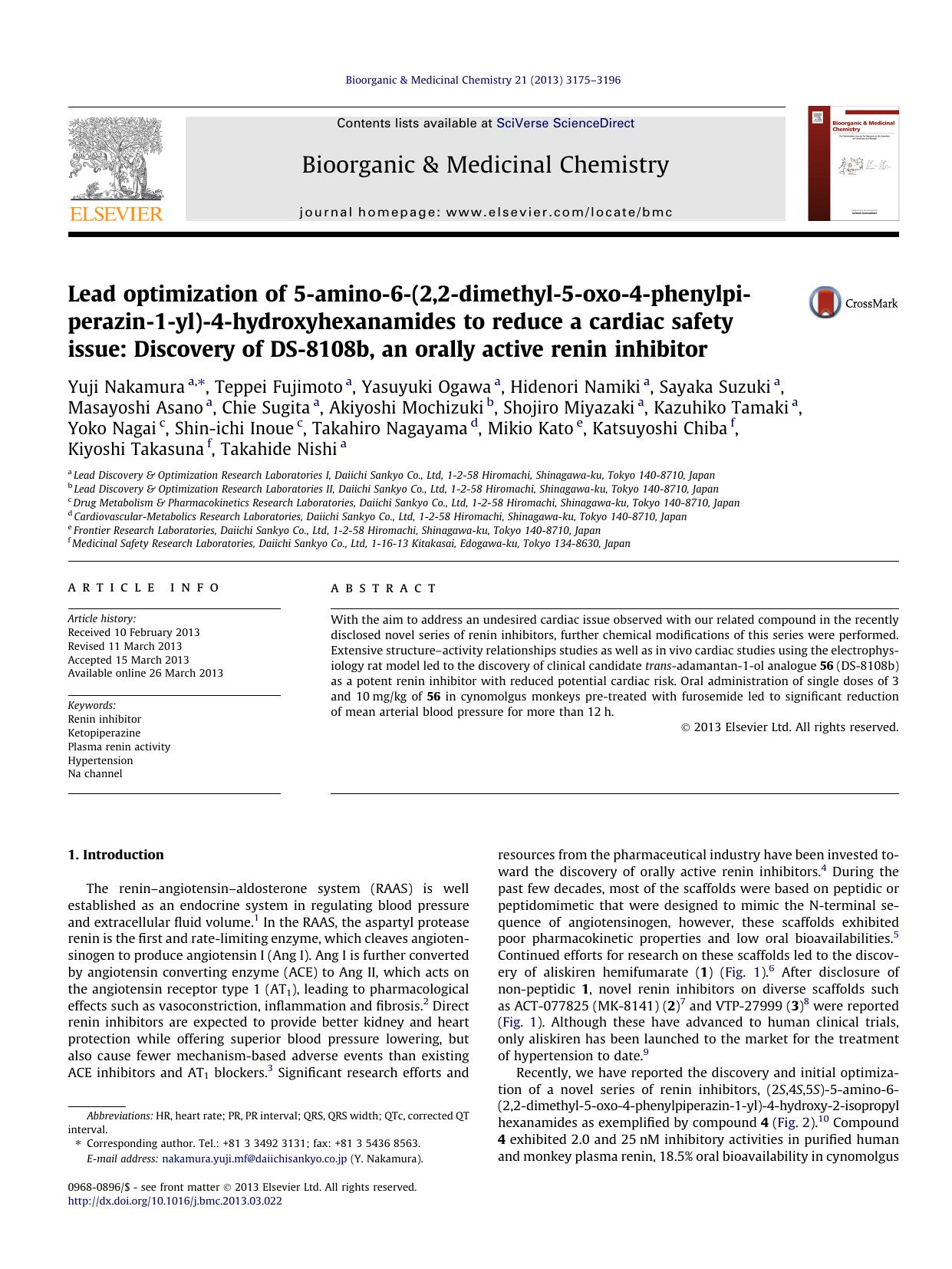Lead optimization of 5-amino-6-(2,2-dimethyl-5-oxo-4-phenylpiperazin-1-yl)-4-hydroxyhexanamides to reduce a cardiac safety issue: Discovery of DS-8108b, an orally active renin inhibitor by unknow