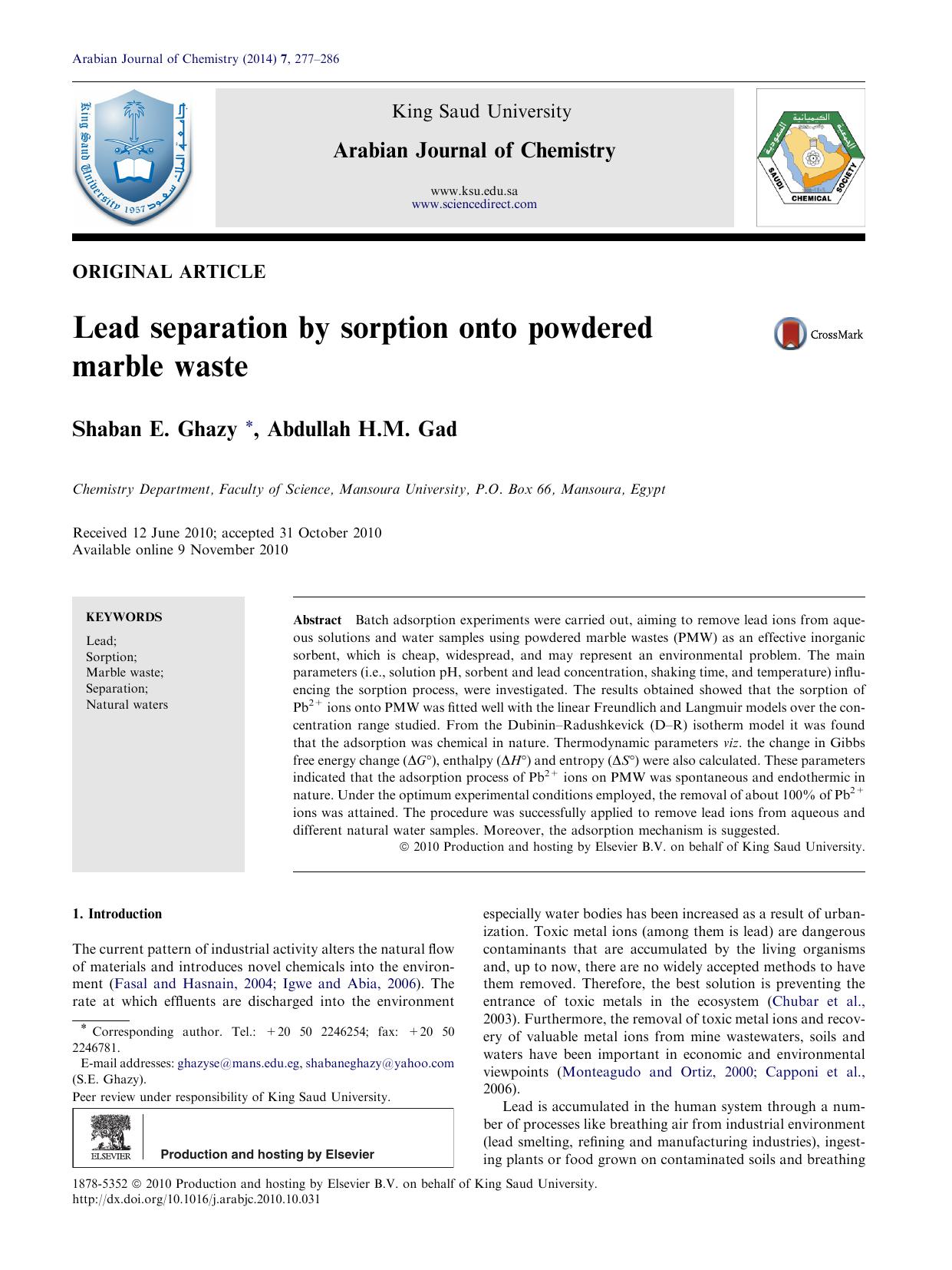 Lead separation by sorption onto powdered marble waste by Shaban E. Ghazy & Abdullah H.M. Gad