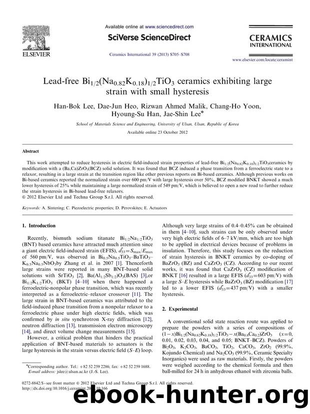 Lead-free Bi12(Na0.82K0.18)12TiO3 ceramics exhibiting large strain with small hysteresis by Han-Bok Lee & Dae-Jun Heo & Rizwan Ahmed Malik & Chang-Ho Yoon & Hyoung-Su Han & Jae-Shin Lee