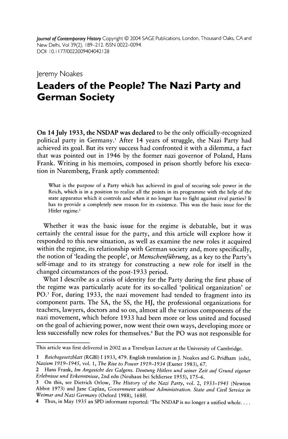 Leaders of the People; The Nazi Party and German Society by Unknown