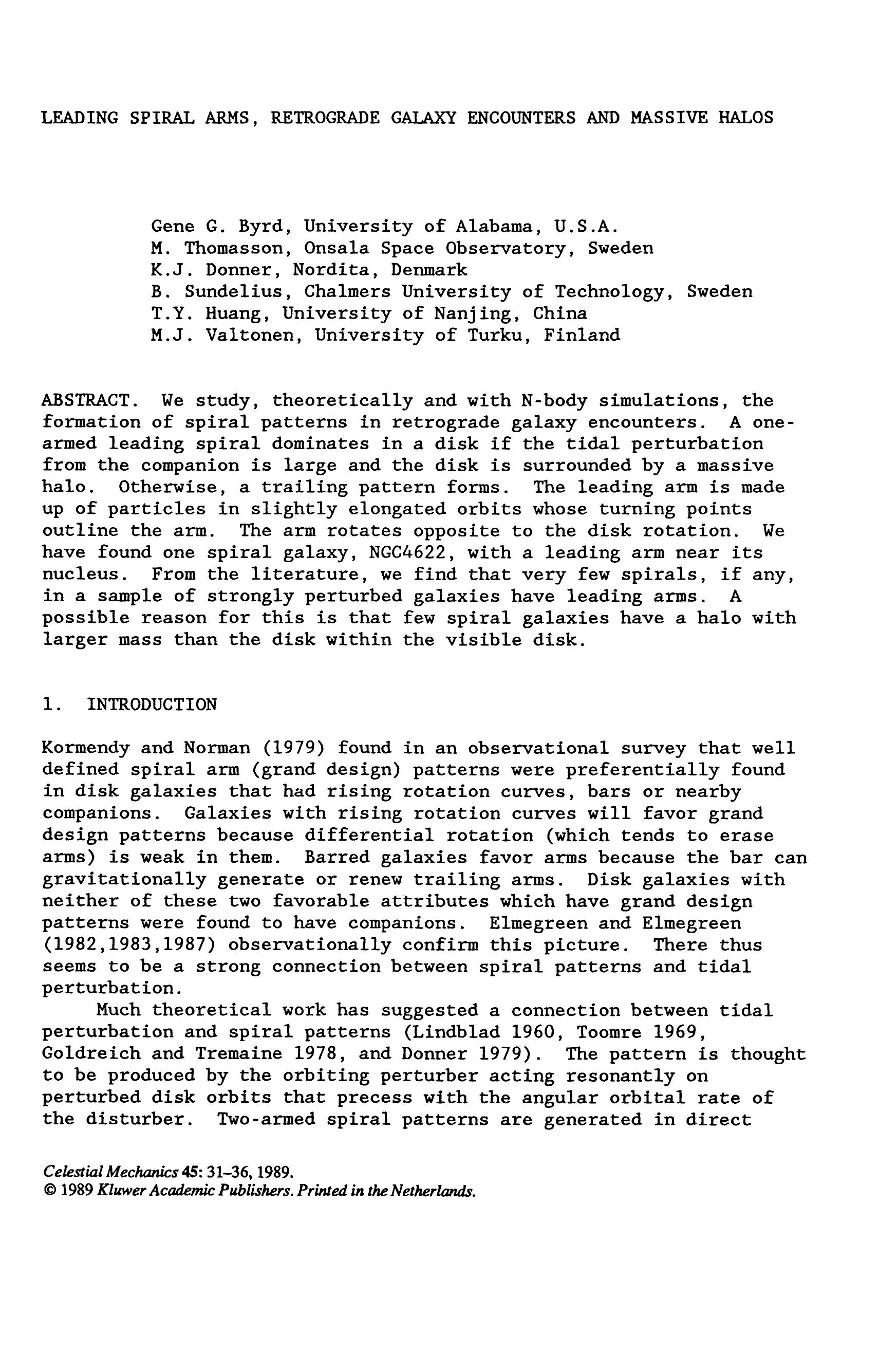 Leading spiral arms, retrograde galaxy encounters and massive halos by Unknown
