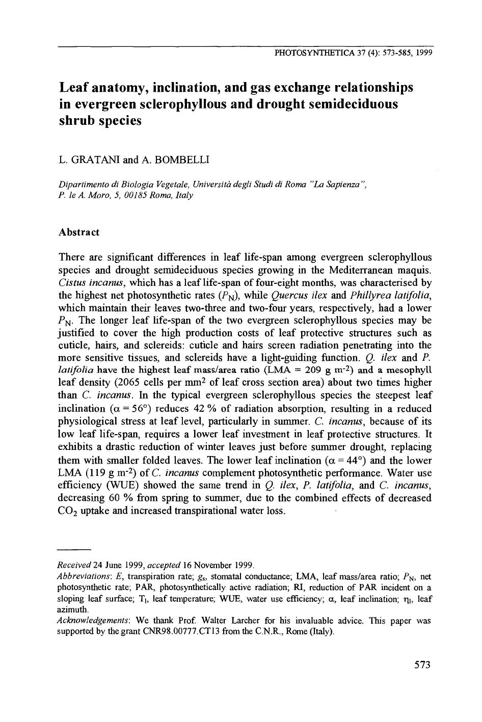 Leaf Anatomy, Inclination, and Gas Exchange Relationships in Evergreen Sclerophqldous and Drought Semideciduous Shrub Species by Unknown
