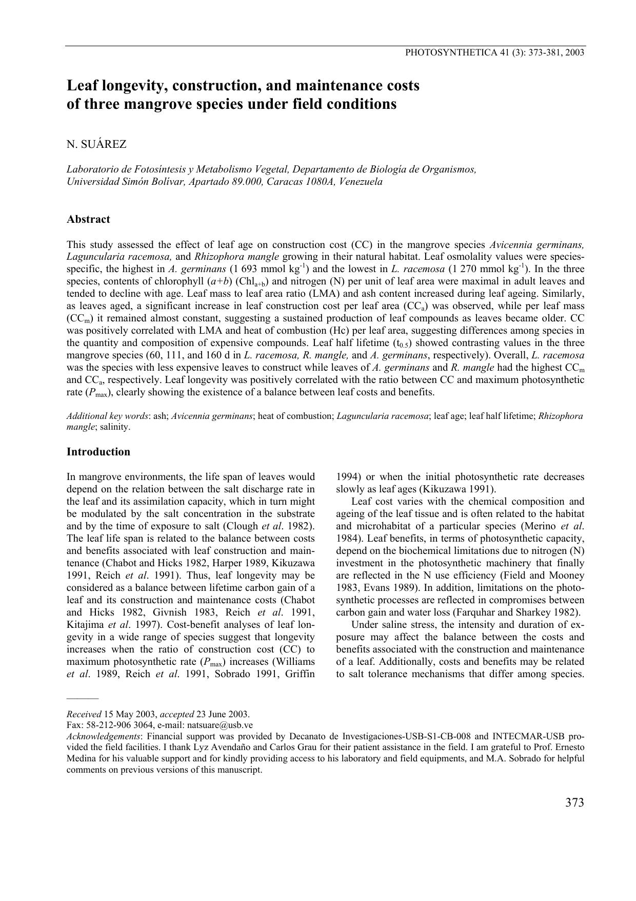 Leaf Longevity, Construction, and Maintenance Costs of Three Mangrove Species Under Field Conditions by Unknown